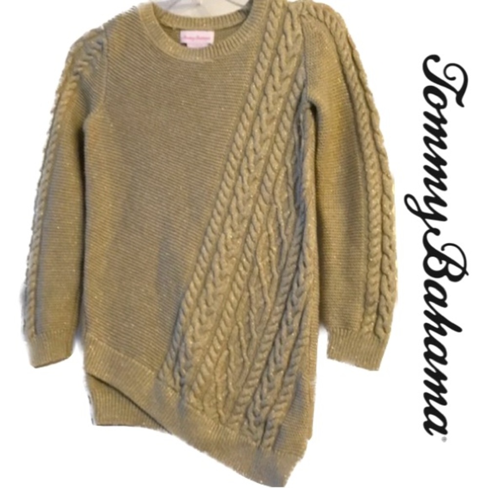 TOMMY BAHAMA Asymmetric Cable Knit Sweater W/Gold Metallic Threads Girl’s Size M